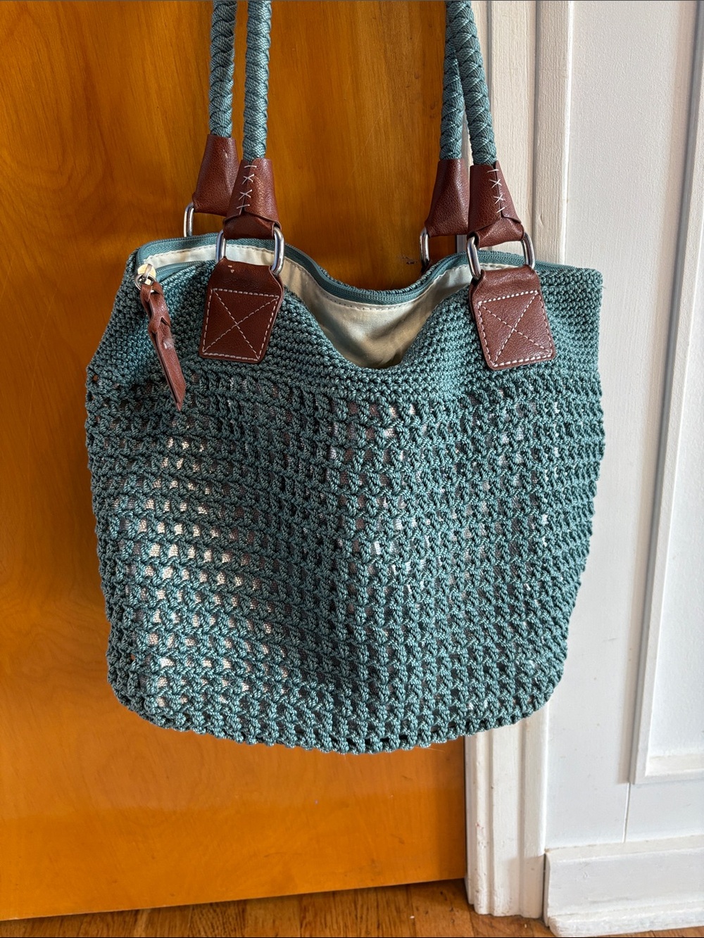 The Sak Teal Crochet Tote with Brown Leather Trim - Picture 6 of 6